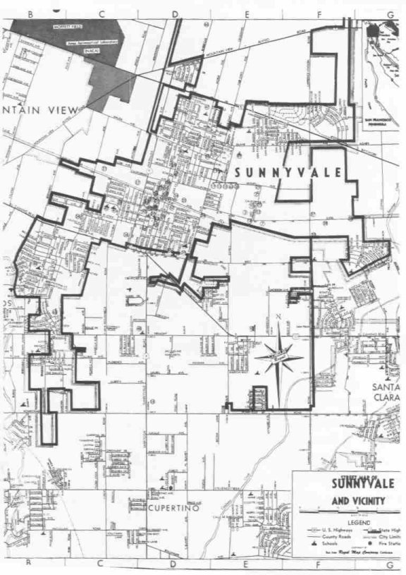 A 1955 map of Sunnyvale showing only Units I and II of Lakewood Village built out, with the rest of the neighborhood still to come.