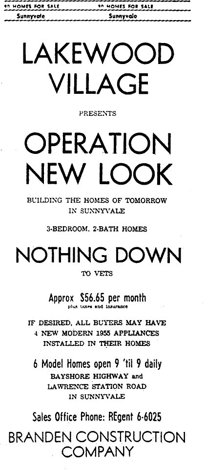 A 1955 classified newspaper advertisement for Lakewood Village homes, listing prices and features.