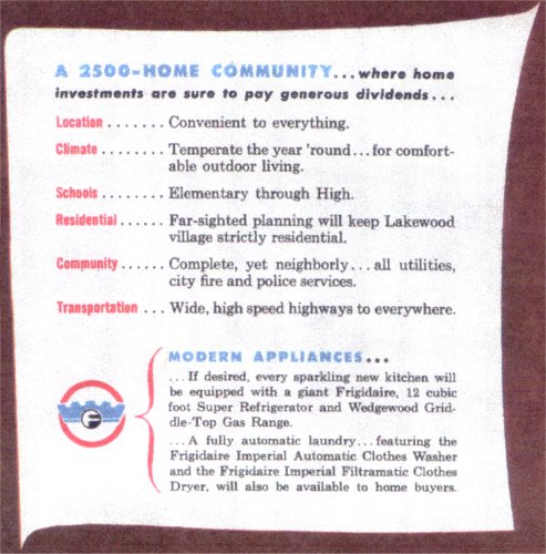 Original list of features and benefits advertised for Lakewood Village homes in the 1950s.